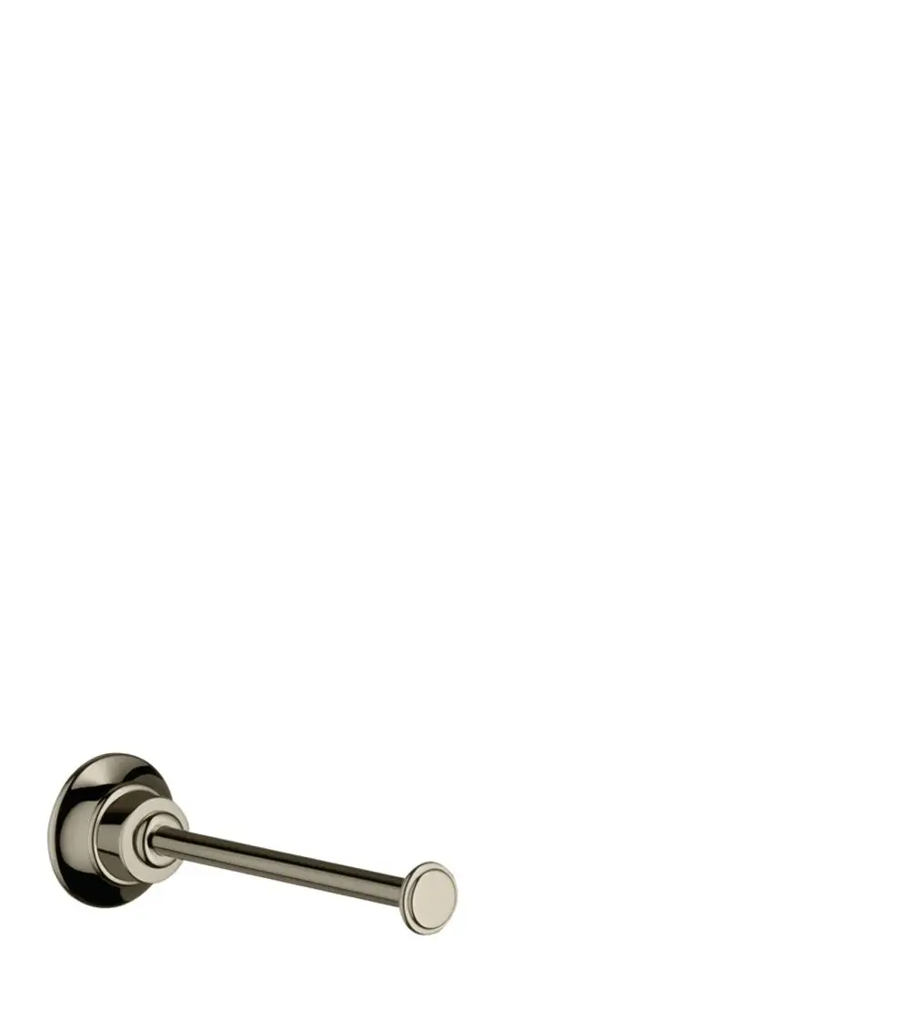 Toilettenpapierhalter aus verchromtem Metall, montiert an einer Wand, präsentiert von der Marke AXOR. Schlichte, funktionale Form ohne sichtbare Rolleneinlage.